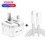 شاحن PD 35W بمنافذ USB-C / Type-C مزدوجة مع كابل بيانات Type-C إلى Type-C، قابس UK، قابس UK + كابل Type-C مزدوج بطول 1 متر، قابس UK + كابل Type-C مزدوج بطول 2 متر