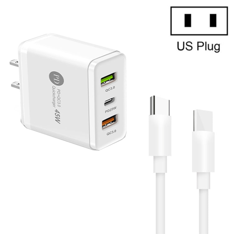 شاحن متعدد المنافذ USB بقدرة 45W PD3.0 + 2 × QC3.0 مع كابل Type-C إلى Type-C، قابس US، قابس US + كابل Type-C إلى Type-C