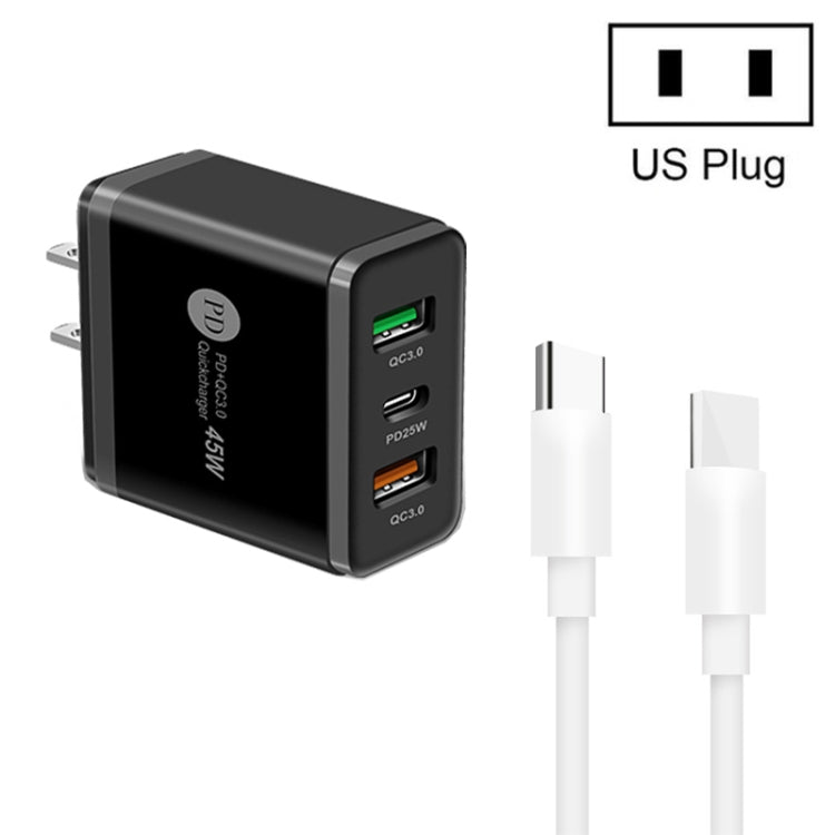 شاحن متعدد المنافذ USB بقدرة 45W PD3.0 + 2 × QC3.0 مع كابل Type-C إلى Type-C، قابس US، قابس US + كابل Type-C إلى Type-C