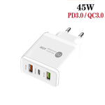 شاحن متعدد المنافذ USB بقدرة 45W PD3.0 + 2 × QC3.0 مع كابل Type-C إلى Type-C، قابس EU، قابس EU + كابل Type-C إلى Type-C
