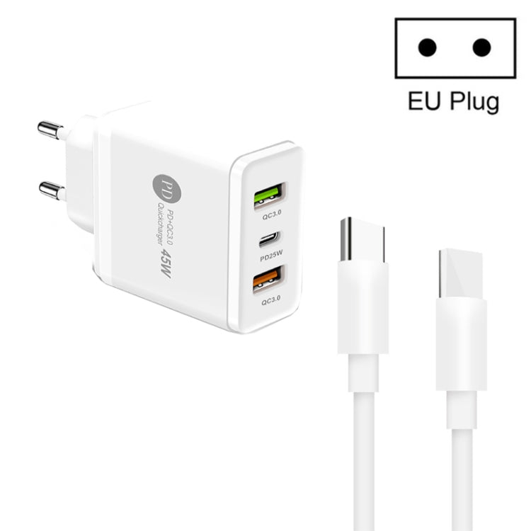 شاحن متعدد المنافذ USB بقدرة 45W PD3.0 + 2 × QC3.0 مع كابل Type-C إلى Type-C، قابس EU، قابس EU + كابل Type-C إلى Type-C