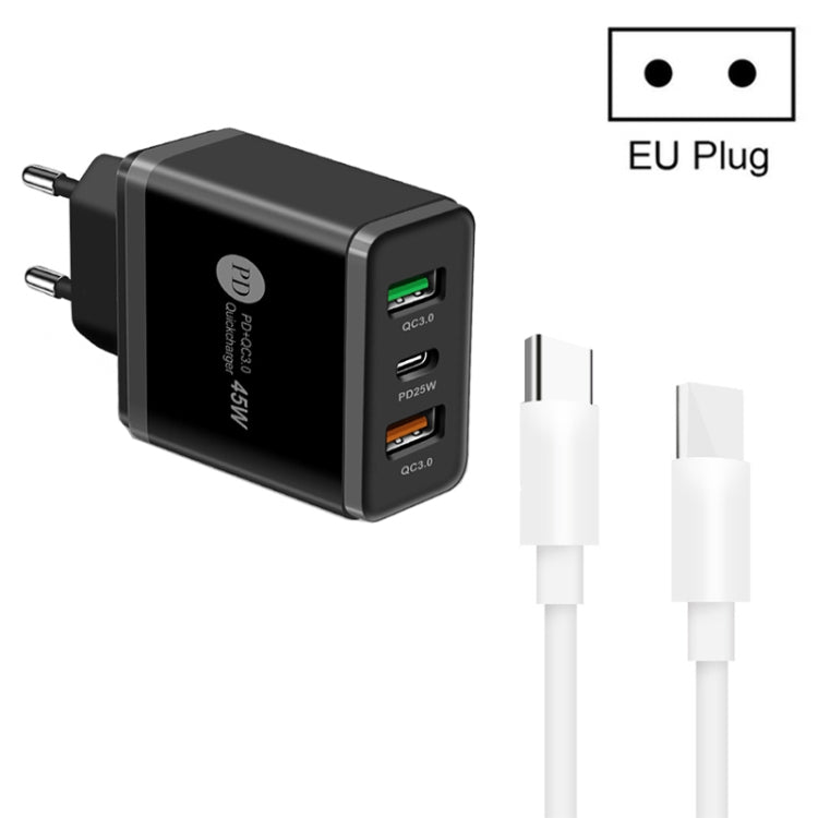 شاحن متعدد المنافذ USB بقدرة 45W PD3.0 + 2 × QC3.0 مع كابل Type-C إلى Type-C، قابس EU، قابس EU + كابل Type-C إلى Type-C