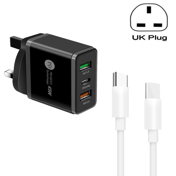 شاحن متعدد المنافذ USB بقدرة 45W PD3.0 + 2 × QC3.0 مع كابل Type-C إلى Type-C، قابس UK، قابس UK + كابل Type-C إلى Type-C