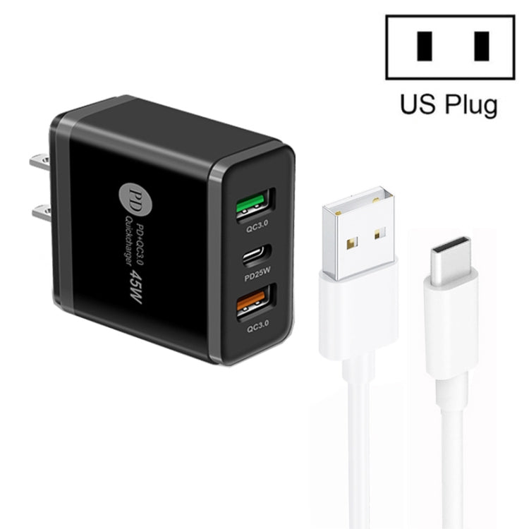 شاحن متعدد المنافذ USB بقدرة 45W PD25W + 2 × QC3.0 مع كابل USB إلى Type-C، قابس US، قابس US + كابل USB إلى Type-C