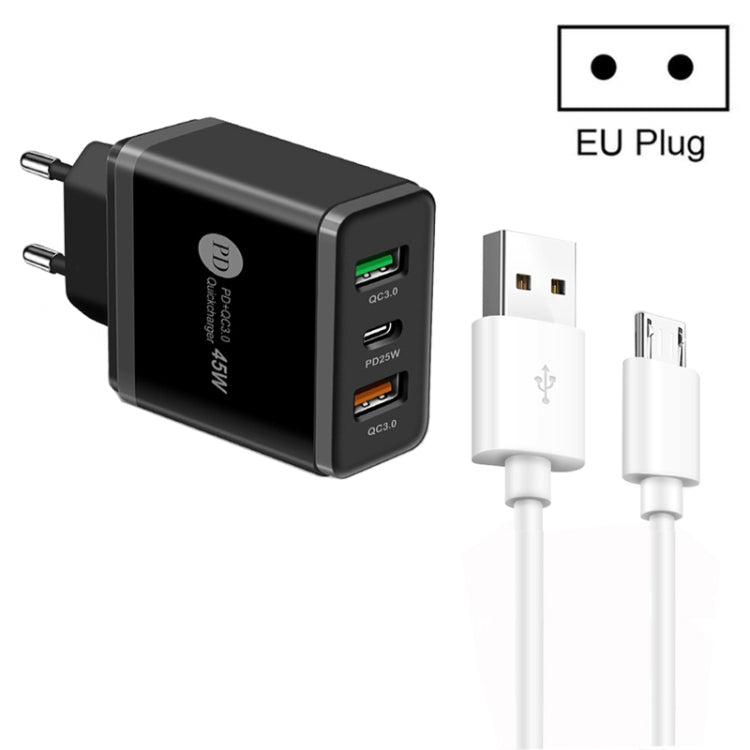 شاحن متعدد المنافذ USB بقدرة 45W PD25W + 2 × QC3.0 مع كابل USB إلى Micro USB، قابس EU، قابس EU + كابل USB إلى Micro USB