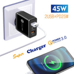 شاحن متعدد المنافذ USB بقدرة 45W PD25W + 2 × QC3.0 مع كابل USB إلى Micro USB، قابس EU، قابس EU + كابل USB إلى Micro USB