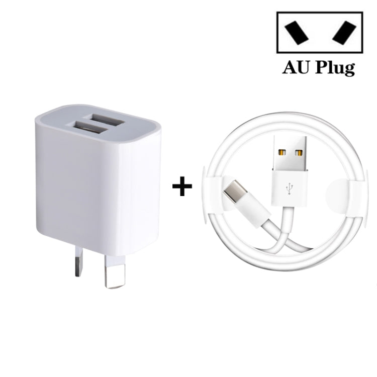 شاحن USB صغير بمنافذ مزدوجة مع كابل بيانات USB إلى Type-C، قابس أستراليا، قابس أستراليا + كابل Type-C