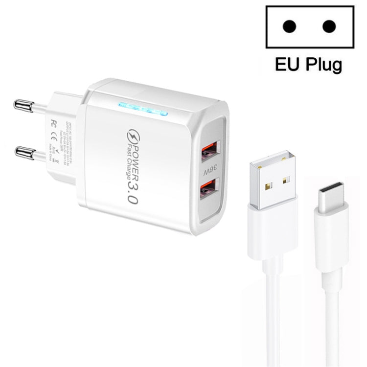 شاحن USB مزدوج المنفذ 36W QC3.0 مع كابل بيانات USB إلى Type-C بقوة 3A، قابس EU، قابس EU + كابل USB إلى Type-C