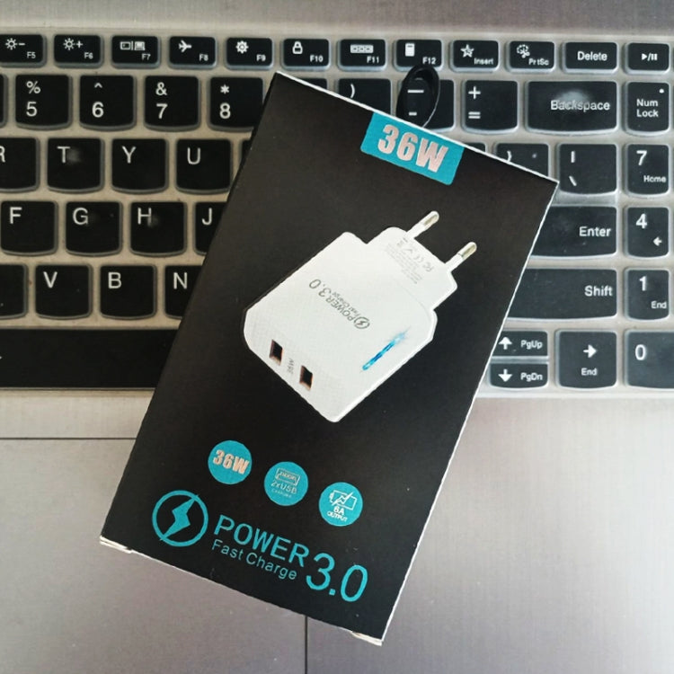 شاحن USB مزدوج المنفذ 36W QC3.0 مع كابل بيانات USB إلى Type-C بقوة 3A، قابس EU، قابس EU + كابل USB إلى Type-C