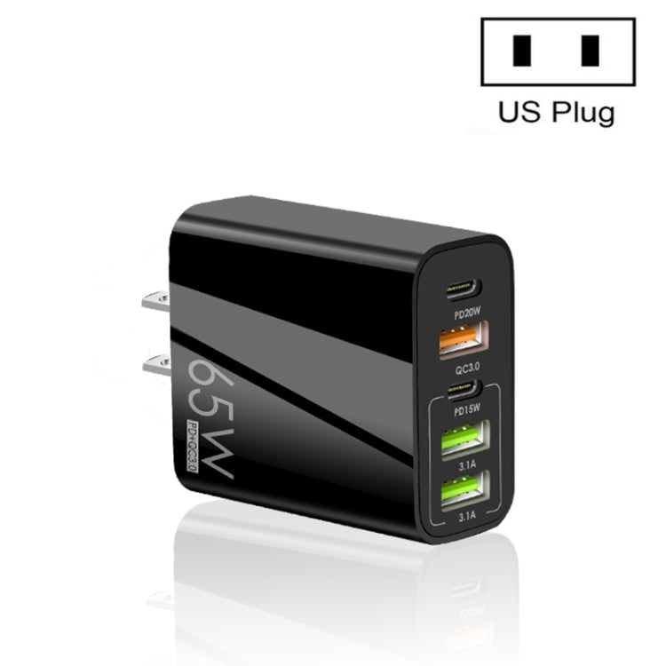 شاحن متعدد المنافذ USB بقوة 65 واط مع منفذين PD Type-C + 3 منافذ USB للهواتف والأجهزة اللوحية، قابس الولايات المتحدة، قابس الولايات المتحدة