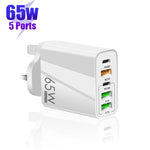 شاحن متعدد المنافذ 65 واط مزدوج PD Type-C + 3 منافذ USB مع كابل بيانات Type-C إلى Type-C بقوة 3A، قابس بريطاني، قابس بريطاني + كابل Type-C إلى Type-C