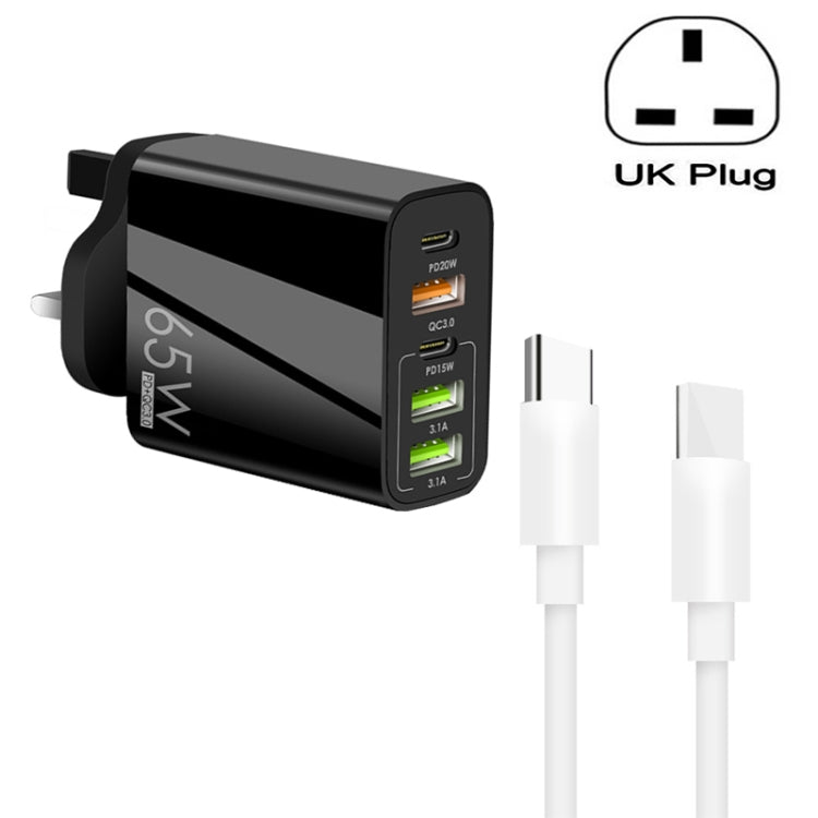 شاحن متعدد المنافذ 65 واط مزدوج PD Type-C + 3 منافذ USB مع كابل بيانات Type-C إلى Type-C بقوة 3A، قابس بريطاني، قابس بريطاني + كابل Type-C إلى Type-C