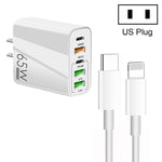 شاحن متعدد المنافذ USB بقوة 65 واط مع منفذين PD Type-C + 3 منافذ USB مع كابل بيانات Type-C إلى 8 سنون 3A، قابس الولايات المتحدة، قابس الولايات المتحدة + كابل Type-C إلى 8 سنون