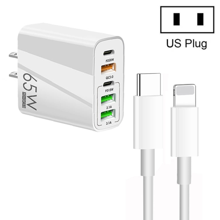 شاحن متعدد المنافذ USB بقوة 65 واط مع منفذين PD Type-C + 3 منافذ USB مع كابل بيانات Type-C إلى 8 سنون 3A، قابس الولايات المتحدة، قابس الولايات المتحدة + كابل Type-C إلى 8 سنون