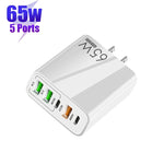 شاحن متعدد المنافذ USB بقوة 65 واط مع منفذين PD Type-C + 3 منافذ USB مع كابل بيانات Type-C إلى 8 سنون 3A، قابس الولايات المتحدة، قابس الولايات المتحدة + كابل Type-C إلى 8 سنون