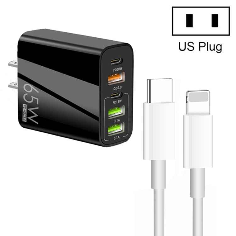 شاحن متعدد المنافذ USB بقوة 65 واط مع منفذين PD Type-C + 3 منافذ USB مع كابل بيانات Type-C إلى 8 سنون 3A، قابس الولايات المتحدة، قابس الولايات المتحدة + كابل Type-C إلى 8 سنون