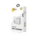 شاحن متعدد المنافذ USB بقوة 65 واط مع منفذين PD Type-C + 3 منافذ USB مع كابل بيانات Type-C إلى 8 سنون 3A، قابس الولايات المتحدة، قابس الولايات المتحدة + كابل Type-C إلى 8 سنون