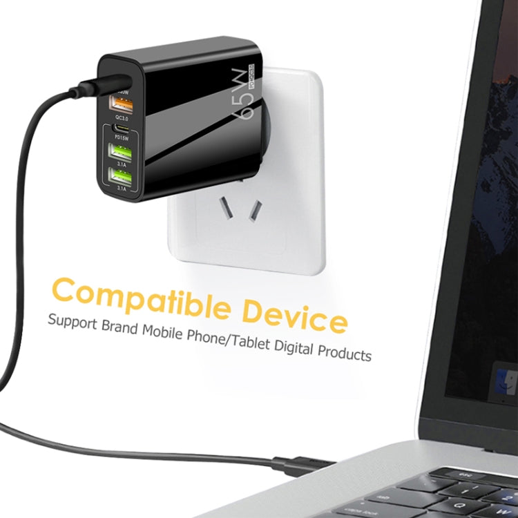 شاحن متعدد المنافذ USB بقوة 65 واط مع منفذين PD Type-C + 3 منافذ USB مع كابل بيانات USB إلى 8 سنون 3A، قابس المملكة المتحدة، قابس المملكة المتحدة + كابل USB إلى 8 سنون