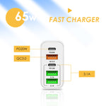 65W Dual PD Type-C + 3 x USB Multi Port Charger with 3A USB to Type-C Data Cable, US Plug, US Plug + USB to Type-C Cable