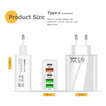 65W Dual PD Type-C + 3 x USB Multi Port Charger with 3A USB to Type-C Data Cable, EU Plug, EU Plug + USB to Type-C Cable