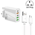 شاحن متعدد المنافذ 65 واط مزدوج PD Type-C + 3 منافذ USB مع كابل بيانات USB إلى Micro USB بقوة 3A، قابس بريطاني، قابس بريطاني + كابل USB إلى Micro USB