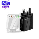 شاحن متعدد المنافذ 65 واط مزدوج PD Type-C + 3 منافذ USB مع كابل بيانات USB إلى Micro USB بقوة 3A، قابس بريطاني، قابس بريطاني + كابل USB إلى Micro USB