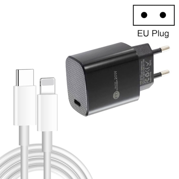 شاحن سريع PD11 بمنفذ واحد PD3.0 USB-C / Type-C بقوة 20 واط مع كابل بيانات Type-C إلى 8 سنون بطول 1 متر، قابس الاتحاد الأوروبي، قابس الاتحاد الأوروبي + كابل Type-C إلى 8 سنون