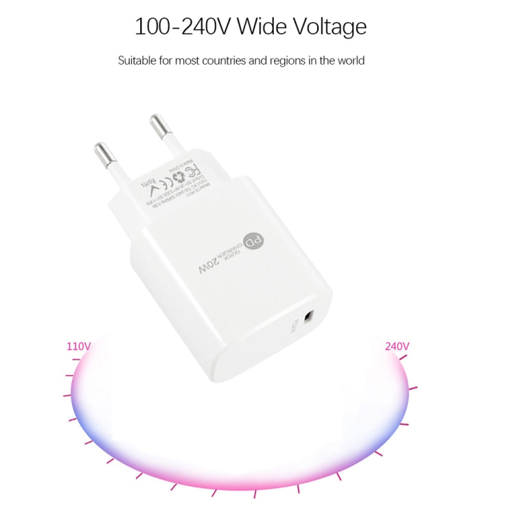 شاحن سريع PD11 بمنفذ واحد PD3.0 USB-C / Type-C بقوة 20 واط مع كابل بيانات Type-C إلى 8 سنون بطول 1 متر، قابس الاتحاد الأوروبي، قابس الاتحاد الأوروبي + كابل Type-C إلى 8 سنون