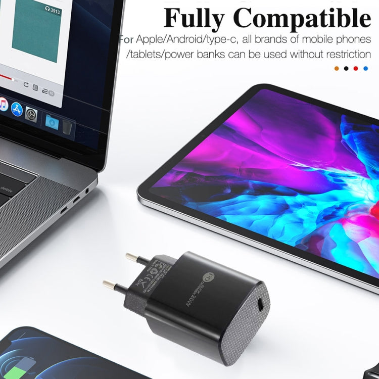 شاحن سريع PD11 بمنفذ واحد PD3.0 USB-C / Type-C بقوة 20 واط مع كابل بيانات Type-C إلى 8 سنون بطول 1 متر، قابس الاتحاد الأوروبي، قابس الاتحاد الأوروبي + كابل Type-C إلى 8 سنون