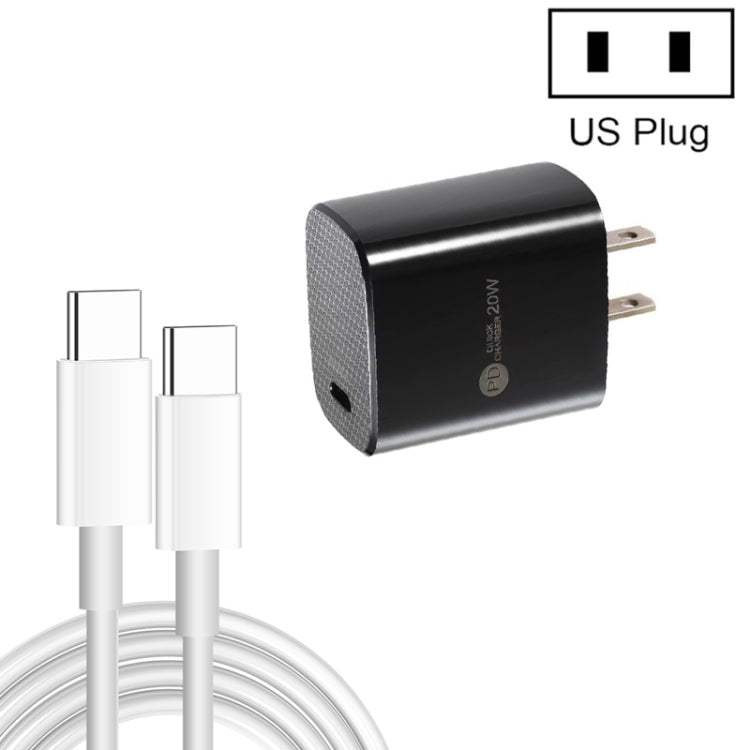 شاحن سريع منفرد PD3.0 USB-C / Type-C بقوة 20 واط مع كابل بيانات Type-C إلى Type-C بطول 1 متر، قابس أمريكي، قابس أمريكي + كابل Type-C إلى Type-C