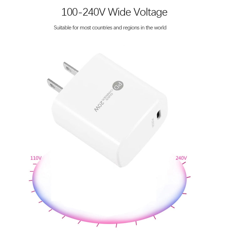 شاحن سريع منفرد PD3.0 USB-C / Type-C بقوة 20 واط مع كابل بيانات Type-C إلى Type-C بطول 1 متر، قابس أمريكي، قابس أمريكي + كابل Type-C إلى Type-C