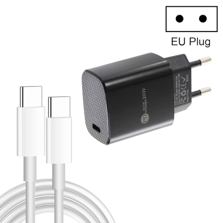 شاحن سريع منفرد PD3.0 USB-C / Type-C بقوة 20 واط مع كابل بيانات Type-C إلى Type-C بطول 1 متر، قابس أوروبي، قابس أوروبي + كابل Type-C إلى Type-C