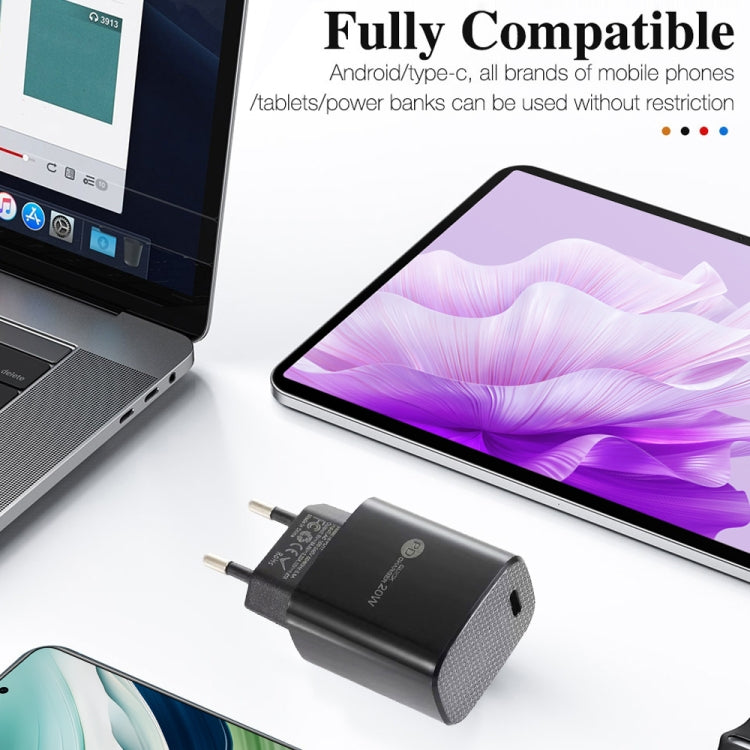 شاحن سريع منفرد PD3.0 USB-C / Type-C بقوة 20 واط مع كابل بيانات Type-C إلى Type-C بطول 1 متر، قابس أوروبي، قابس أوروبي + كابل Type-C إلى Type-C