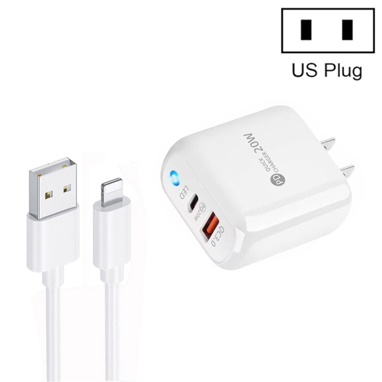 شاحن هاتف محمول PD04 Type-C + USB مع كابل USB إلى 8 سنون، قابس الولايات المتحدة، قابس الولايات المتحدة + كابل USB إلى 8 سنون