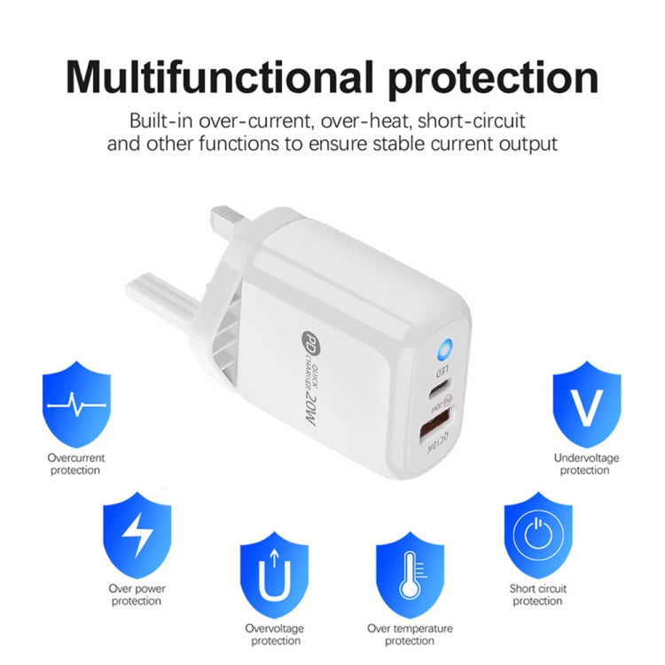 شاحن هاتف محمول PD04 Type-C + USB مع كابل Type-C إلى 8 سنون، قابس المملكة المتحدة، قابس المملكة المتحدة + كابل Type-C إلى 8 سنون