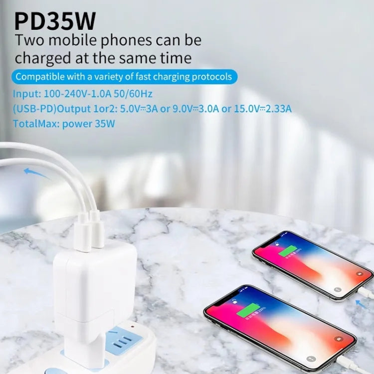 شاحن مزدوج 35 واط PD3.0 USB-C / Type-C مع كابل بيانات Type-C إلى 8 سنون، قابس الولايات المتحدة، قابس الولايات المتحدة + كابل 8 سنون بطول 1 متر، قابس الولايات المتحدة + كابل 8 سنون بطول 2 متر