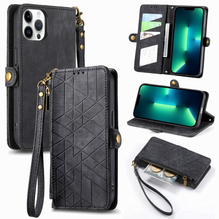 Geometric Zipper Wallet Side Buckle Leather Phone Case, For iPhone 14 Pro Max, For iPhone 7 / 8 / SE 2022, For iPhone 13 Pro Max, For iPhone 13 Pro, For iPhone 13, For iPhone 12 / 12 Pro, For iPhone 12 Pro Max, For iPhone 11 Pro Max