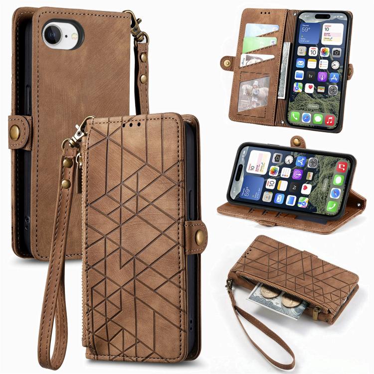 غطاء هاتف جلدي بمحفظة بسحاب هندسية مع إبزيم جانبي، لهواتف iPhone 17e / 16e، iPhone 17 Pro Max، iPhone 17 Pro، iPhone 17، iPhone Air، iPhone 16 Pro Max، iPhone 16 Pro، iPhone 16 Plus
