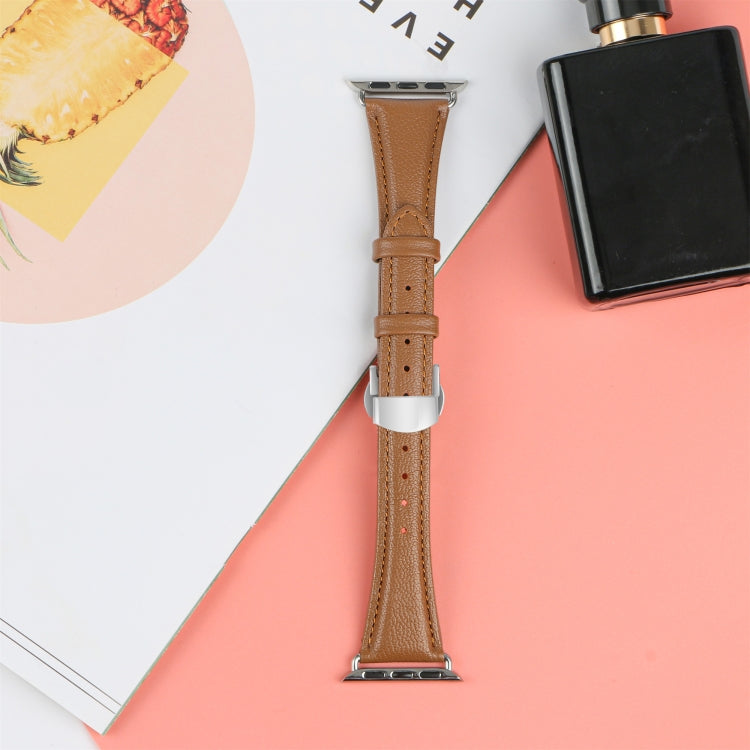 Plain Leather Butterfly Buckle Watch Band, For Apple Watch Series 4 44mm, For Apple Watch Series 4 40mm, For Apple Watch Series 3 38mm, For Apple Watch Series 3 42mm