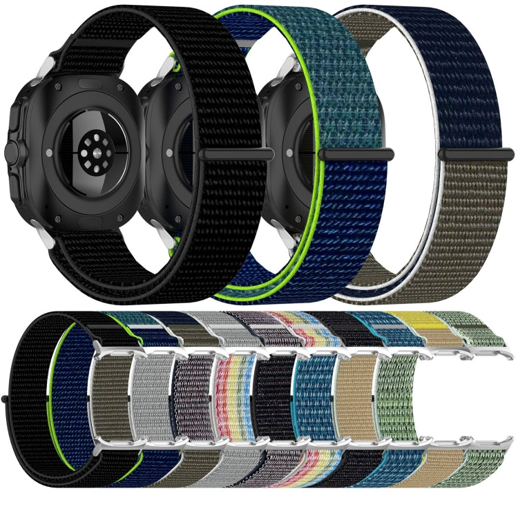 For Samsung Galaxy Watch Ultra 47mm Loop Nylon Hook and Loop Fastener Watch Band, Black, Blue Ocean, Rainbow, Seashell Color, Sea Blue, Gray Blue, Khaki Yellow, Dark Blue, Lime