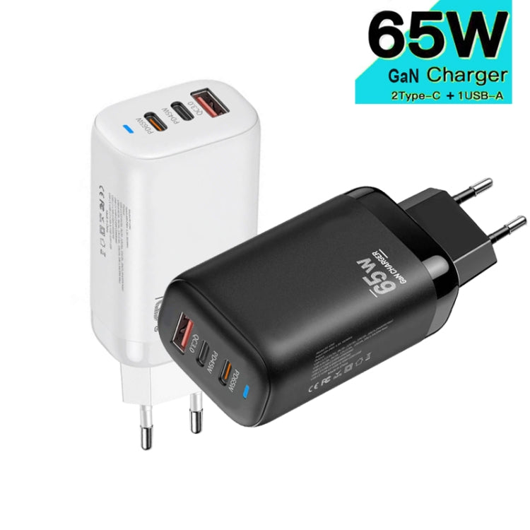محول TE-65W GaN PD65W بمنفذي USB-C + USB-A للابتوب / التابلت، قابس الاتحاد الأوروبي