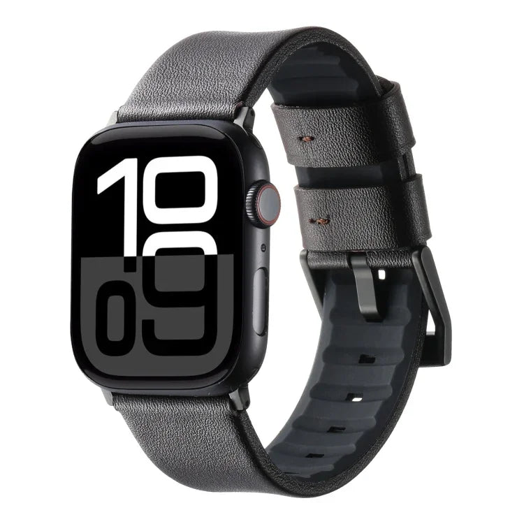 Genuine Leather Hybrid Silicone Watch Band, For Apple Watch Series 10 46mm, For Apple Watch Series 10 42mm, For Apple Watch SE 2023 44mm, For Apple Watch SE 2023 40mm, For Apple Watch Ultra 2 49mm, For Apple Watch Series 9 45mm                         ...