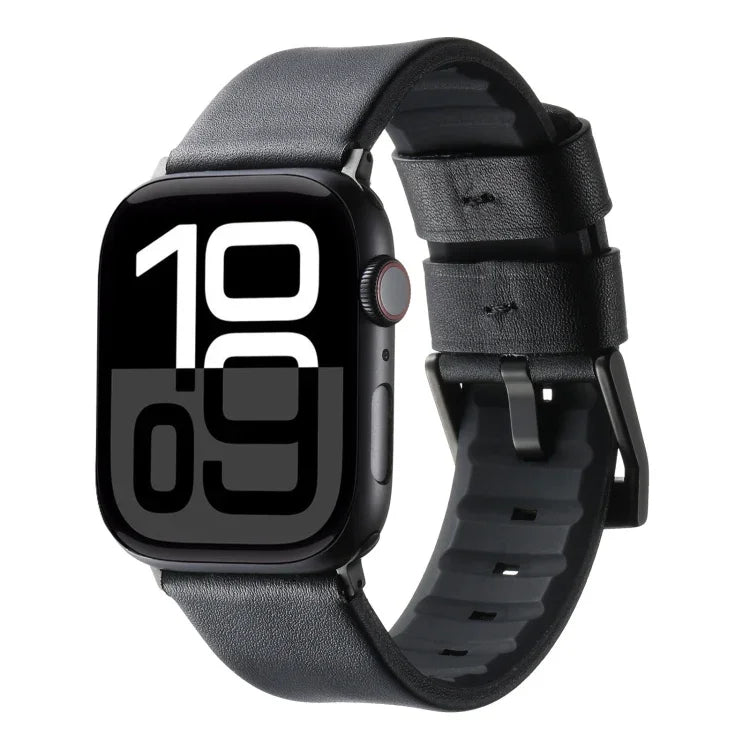 Genuine Leather Hybrid Silicone Watch Band, For Apple Watch Series 10 46mm, For Apple Watch Series 10 42mm, For Apple Watch SE 2023 44mm, For Apple Watch SE 2023 40mm, For Apple Watch Ultra 2 49mm, For Apple Watch Series 9 45mm                         ...