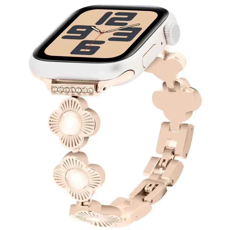 Four Leaf Clover Quick-Release Metal Chain Watch Band, For Apple Watch SE 2023 44mm, For Apple Watch SE 2023 40mm, For Apple Watch Ultra 2 49mm, For Apple Watch Series 9 45mm, For Apple Watch Series 9 41mm, For Apple Watch Ultra 49mm                   ...