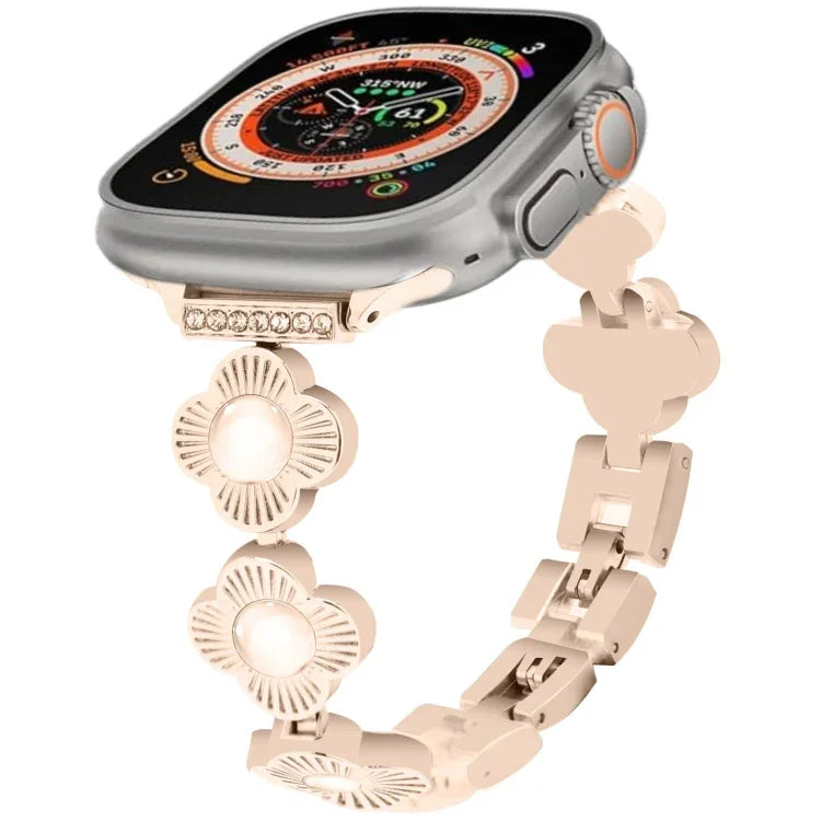Four Leaf Clover Quick-Release Metal Chain Watch Band, For Apple Watch SE 2023 44mm, For Apple Watch SE 2023 40mm, For Apple Watch Ultra 2 49mm, For Apple Watch Series 9 45mm, For Apple Watch Series 9 41mm, For Apple Watch Ultra 49mm                   ...
