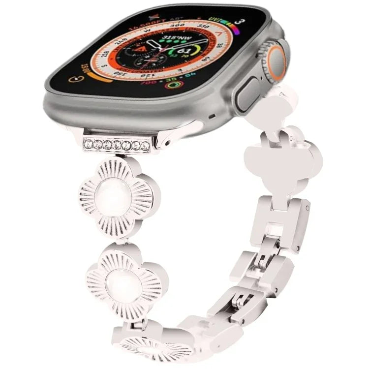 Four Leaf Clover Quick-Release Metal Chain Watch Band, For Apple Watch SE 2023 44mm, For Apple Watch SE 2023 40mm, For Apple Watch Ultra 2 49mm, For Apple Watch Series 9 45mm, For Apple Watch Series 9 41mm, For Apple Watch Ultra 49mm                   ...