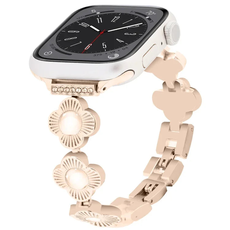 Four Leaf Clover Quick-Release Metal Chain Watch Band, For Apple Watch SE 2023 44mm, For Apple Watch SE 2023 40mm, For Apple Watch Ultra 2 49mm, For Apple Watch Series 9 45mm, For Apple Watch Series 9 41mm, For Apple Watch Ultra 49mm                   ...