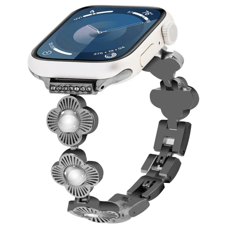 Four Leaf Clover Quick-Release Metal Chain Watch Band, For Apple Watch SE 2023 44mm, For Apple Watch SE 2023 40mm, For Apple Watch Ultra 2 49mm, For Apple Watch Series 9 45mm, For Apple Watch Series 9 41mm, For Apple Watch Ultra 49mm                   ...