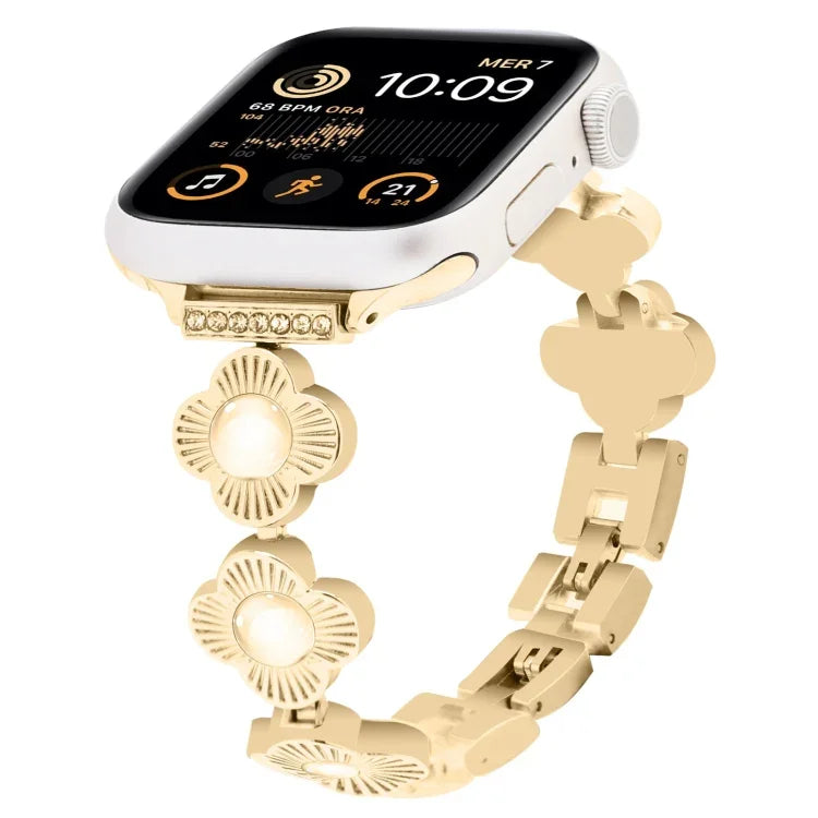 Four Leaf Clover Quick-Release Metal Chain Watch Band, For Apple Watch SE 2023 44mm, For Apple Watch SE 2023 40mm, For Apple Watch Ultra 2 49mm, For Apple Watch Series 9 45mm, For Apple Watch Series 9 41mm, For Apple Watch Ultra 49mm                   ...
