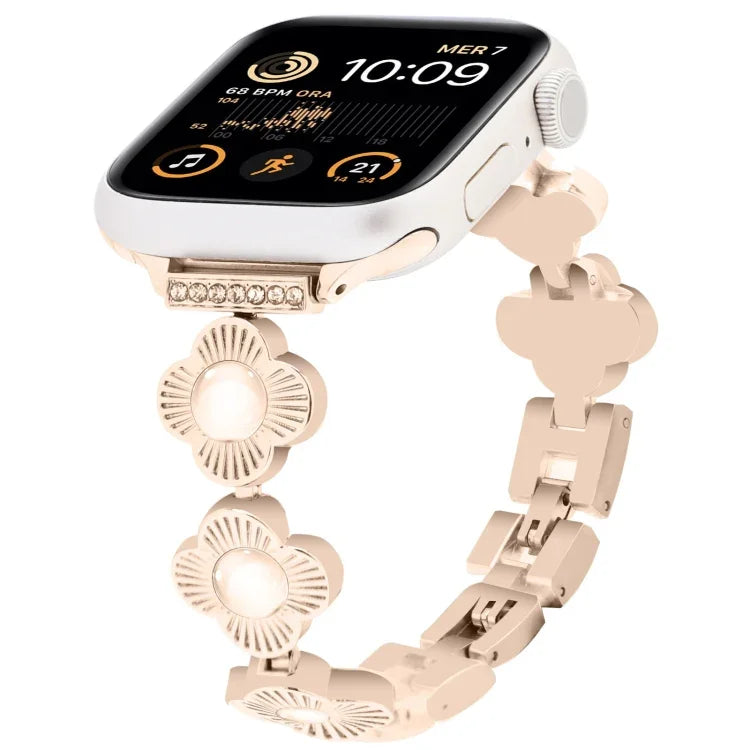 Four Leaf Clover Quick-Release Metal Chain Watch Band, For Apple Watch SE 2023 44mm, For Apple Watch SE 2023 40mm, For Apple Watch Ultra 2 49mm, For Apple Watch Series 9 45mm, For Apple Watch Series 9 41mm, For Apple Watch Ultra 49mm                   ...